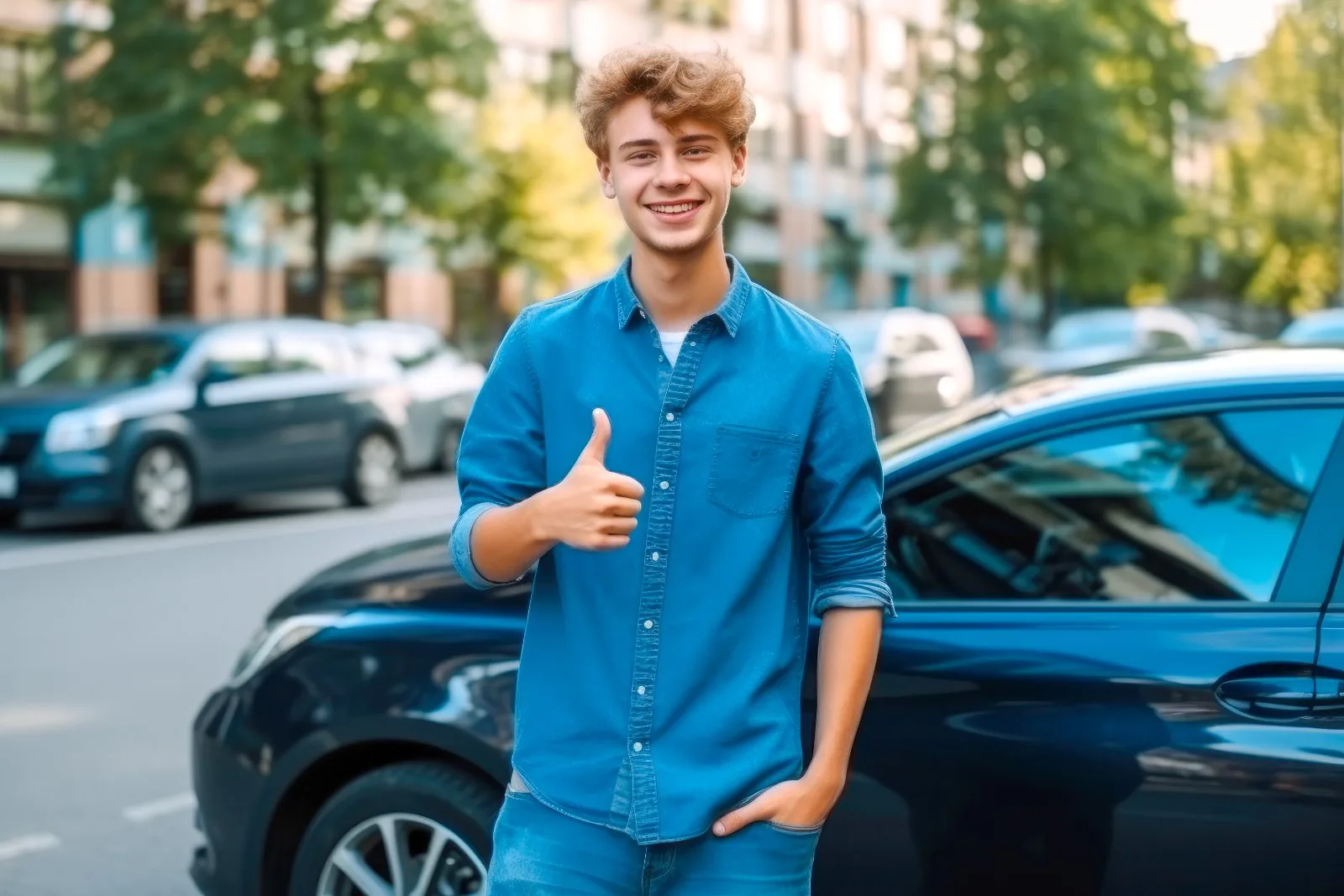 Tevreden jongeman toont thumbs up naast zijn auto na het slagen voor zijn auto theorie examen in 1 dag
