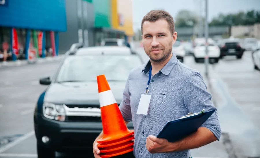 Rij-instructeur met pylonen bij examenlocatie voor auto theorie